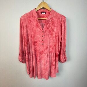 Cocomo Coral Pink Tie Dye Pleated Tunic Shirt Button Front Roll Tab Sleeve Sz L